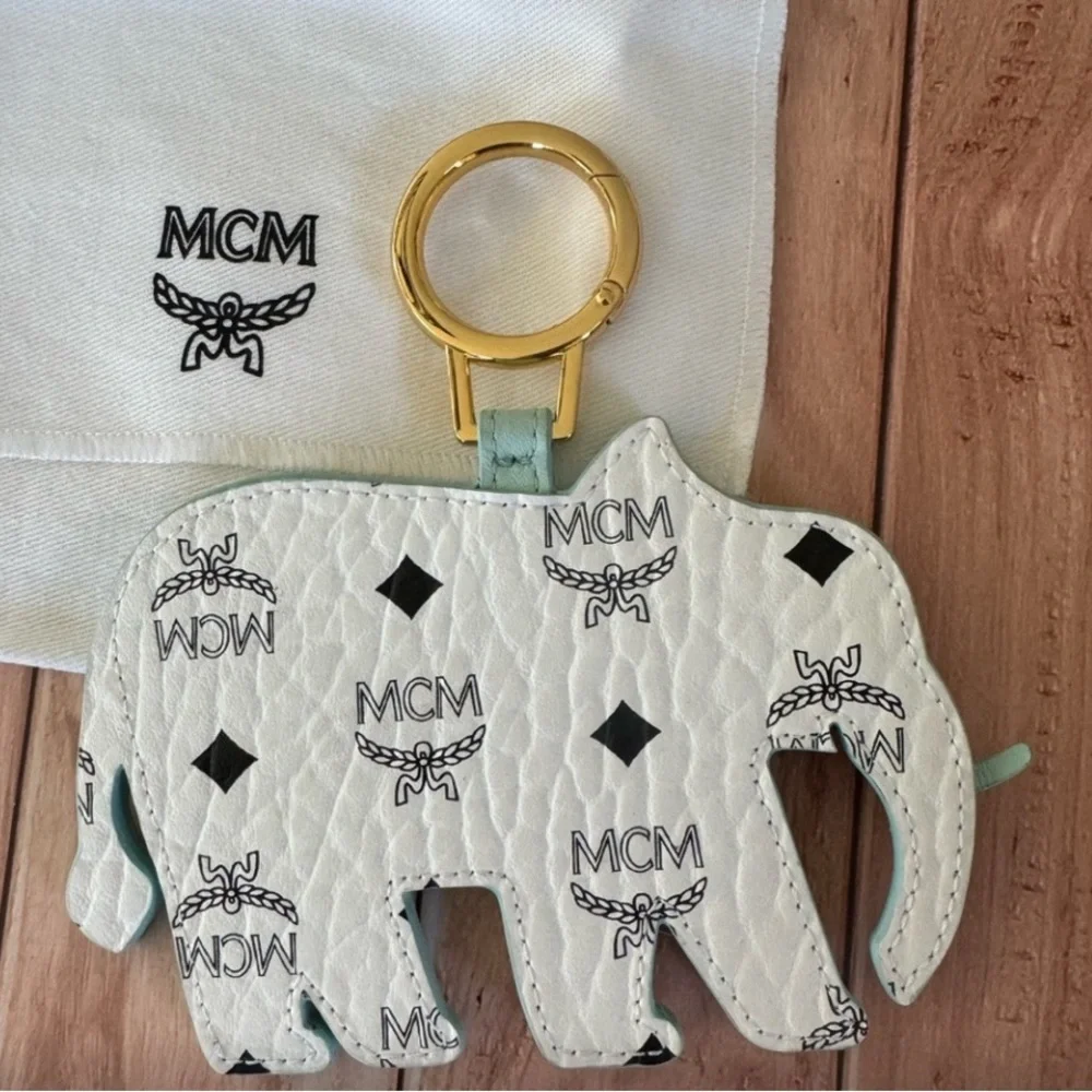 MCM Blue White Monogram Logo Beaded Elephant Charm Keychain